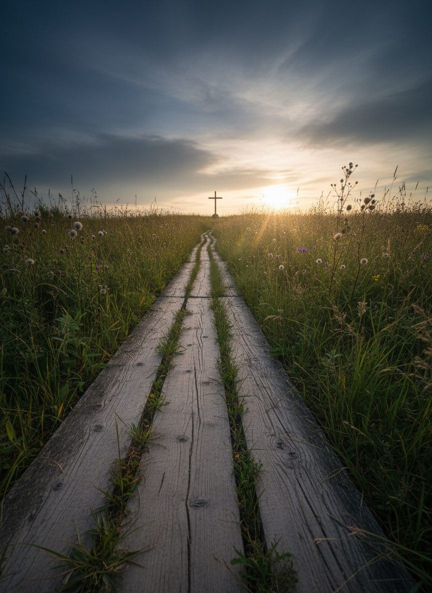 A narrow, weathered wooden path cutting through a wild, overgrown field, leading toward a distant, small wooden cross on a low hill. The planks of the path are uneven and cracked, with tufts of grass pushing through the gaps, suggesting a way made for those who don’t quite belong on main roads. The sky is an expansive, moody blue-grey with soft golden-hour light breaking through clouds, casting long, gentle shadows and a subtle glow on the cross. Photographic realism, captured from a low, slightly off-center angle, emphasizes depth and journey. The atmosphere is reflective and hopeful, with a quiet sense of holy defiance and belonging in the margins.