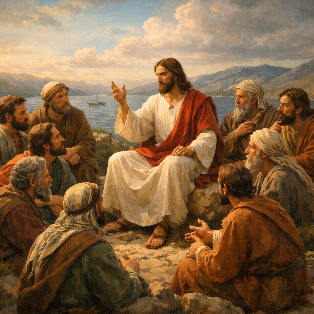 Jesus sitting on a rock teaching a group of disciples near a lake with mountains in the background